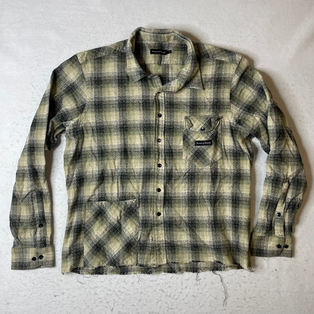RAISED BY WOLVES Plaid Flannel Shirt Button Up Long Sleeve Mens XL Raw Hem